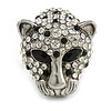 Statement Black/ Clear Swarovski Elements Crystals Tiger Head Ring In Silver Tone - Size 7 to 9 - Adjustable