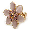 Statement Lilac Glass Bead, Crystal Flower Flex Ring In Gold Plating - 40mm Across - Size7/8