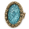 Statement Light Blue Glitter, Oval, Mesh Flex Ring In Burnt Gold Tone - 43mm Across - Size7/8