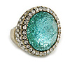 Statement Dome Shape Light Blue Glass, Glitter Crystal Flex Ring In Gold Tone - 33mm Across - Size7/8