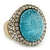 Statement Dome Shape Light Blue Glass, Glitter Crystal Flex Ring In Gold Tone - 33mm Across - Size7/8