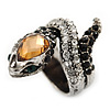 Vintage Inspired Austrian Clear, Black, Citrine Crystal 'Snake' Ring In Burn Silver Tone - Size 7