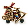 Christmas 'Jingle Bells' Red, Green, Topaz Coloured Crystal, Enamel Ring In Antique Gold Plating - 30mm Across - Size 7/8