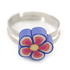 Children's/ Teen's / Kid's Purple, Pink Fimo Flower Ring In Silver Tone - Adjustable