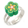 Children's/ Teen's / Kid's Green Fimo Flower Ring In Silver Tone - Adjustable