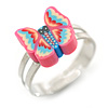Children's/ Teen's / Kid's Pink, Blue Fimo Butterfly Ring In Silver Tone - Adjustable
