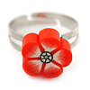 Children's/ Teen's / Kid's Red Fimo Flower Ring In Silver Tone - Adjustable