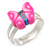 Children's/ Teen's / Kid's Deep Pink Fimo Butterfly Ring In Silver Tone - Adjustable