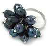 Peacock Coloured Freshwater Pearl Cluster Ring In Silver Tone - Adjustable