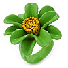 Grass Green/ Yellow Leather Daisy Flower Ring - 35mm D - Adjustable