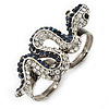 Clear/ Montana Blue Crystal Snake Double Finger Ring In Antique Sliver Metal - Size 7/8 (Adjustable)