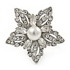 Clear Crystal White Faux Glass Pearl Flower Ring In Silver Tone Metal - 35mm - Size 7