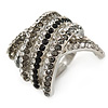Statement 'Criss Cross' Grey, Black, Clear Crystal Rings In Rhodium Plated Metal - 7/8 Size Adjustable