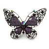 Large Purple Crystal Butterfly Ring In Aged Silver Tone Metal - 70mm L - 8 Size Adjustable