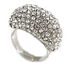 Pave Set Clear Crystal Dome Shape Ring In Silver Tone Metal - 25mm - 7/8 Size - Adjustable