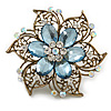 Oversized Vintage Inspired Filigree with Light Blue Acrylic Bead, Clear/ Ab Crystal Flower Ring In Bronze Tone - 60mm D - 7/8 Adjustable Size
