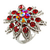 Red Crystal Flower Ring In Silver Tone - Size 7/8 Adjustable