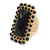 Square Black Acrylic Bead, Diamante Flex Cocktail Ring In Gold Plating - 35mm Across - Size 7/9
