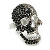Dazzling Black/ Dim Grey Crystal Skull Cocktail Ring - Size 7/8 - Adjustable