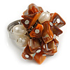 Burnt Orange Sea Shell Nugget and Cream Faux Freshwater Pearl Cluster Silver Tone Ring - 7/8 Size - Adjustable