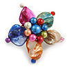 Multicoloured Shell and  Faux Pearl Flower Rings (Silver Tone) - 50mm Diameter - Size 7/8 Adjustable