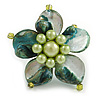 Green Shell and Light Green Faux Pearl Flower Rings (Silver Tone) - 50mm Diameter - Size 7/8 Adjustable
