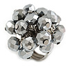 Hematite Grey Glass Bead Cluster Ring in Silver Tone Metal - Adjustable 7/8