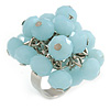 Milky Blue Glass Bead Cluster Ring in Silver Tone Metal - Adjustable 7/8
