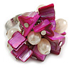 Deep Pink Sea Shell Nugget and Cream Faux Freshwater Pearl Cluster Silver Tone Ring - 7/8 Size - Adjustable