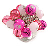Pink Glass and Ceramic Bead Cluster Ring in Silver Tone Metal - Adjustable 7/8
