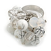White/Transparent Glass and Ceramic Bead Cluster Ring in Silver Tone Metal - Adjustable 7/8