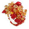 Red/Orange Gold Glass Bead and Semi Precious Stone Cluster Band Style Flex Ring/ Size M