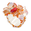 Orange/Red/Transparent Glass Bead and Semi Precious Stone Cluster Band Style Flex Ring/ Size M