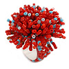 45mm Diameter Red/Light Blue Glass Bead Flower Stretch Ring/ Size M