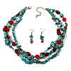 Multistrand Turquoise Stone Necklace And Drop Earrings Set (Silver Tone)