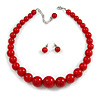 Hot Red Acrylic Bead Choker Necklace And Stud Earring Set (Silver Tone) - 34cm L/ 7cm Ext