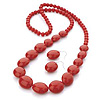 Long Hot Red Acrylic Bead Necklace And Drop Earring Set (Silver Tone)