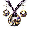 Purple Open-Cut Disk Enamel Organza Cord Necklace & Drop Earrings Set (Bronze Tone)