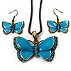 Light Blue Enamel Butterfly Necklace & Drop Earrings Set (Bronze Tone)