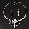 Bridal Swarovski AB/Clear Crystal Floral Necklace & Earrings Set In Rhodium Plated Metal