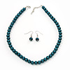 Teal Green Glass Bead Necklace & Drop Earring Set In Silver Metal - 38cm Length/ 4cm Extension