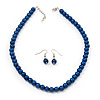 Violet Blue Glass Bead Necklace & Drop Earring Set In Silver Metal - 38cm L/ 4cm Ext