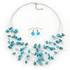 Turquoise Stone & Silver Metal Bead Multistrand Necklace & Drop Earrings Set