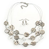 3 Strand White/Black, Transparent Shell & Bead Wire Necklace & Drop Earrings Set In Silver Plating