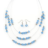 Light Blue/Silver Metal Bead Multistrand Floating Necklace & Drop Earrings Set