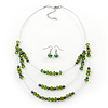 Green/Olive/Hematite Bead Multistrand Floating Necklace & Drop Earrings Set In Silver Plating -