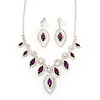 Purple/Clear Swarovski Crystal 'Leaf' Necklace And Drop Earring Set In Silver Plated Metal