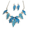 Blue/Sky Blue Enamel 'Leaf' Necklace & Drop Earrings Set In Silver Plating - 40cm Length/ 6cm Extension