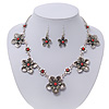 Burn Silver Textured 'Flower' Necklace & Drop Earrings Set With Red Crystals - 40cm Length / 6cm Extension