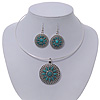 Teal Green Medallion Flex Wire Necklace & Earrings Set In Silver Plating - Adjustable